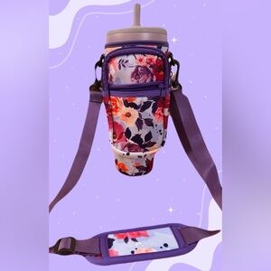 Purple Floral Water Bottle Holder Bag with Zipper Pockets & Adjustable Strap